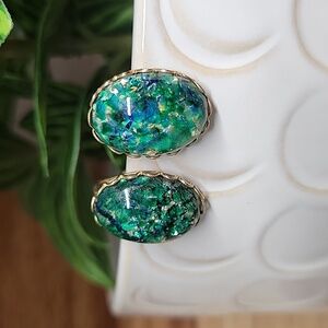 VINTAGE CZECH Dragons Breath Green Glass Cabochon Clip-on Earrings